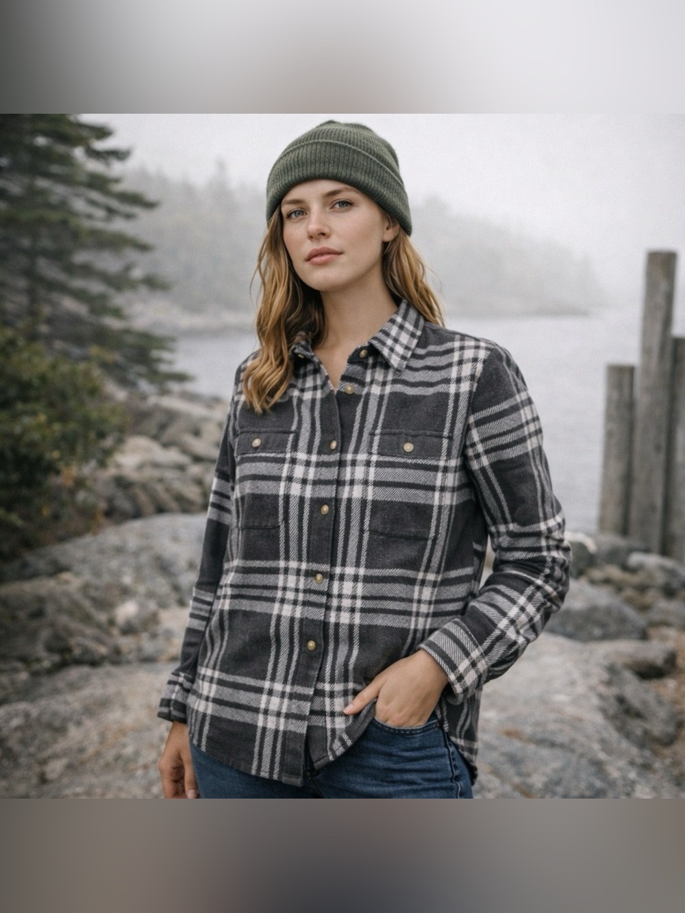 Faherty Legend Sweater Shirt Womens Black Plaid Flannel Button Up Stretch Small